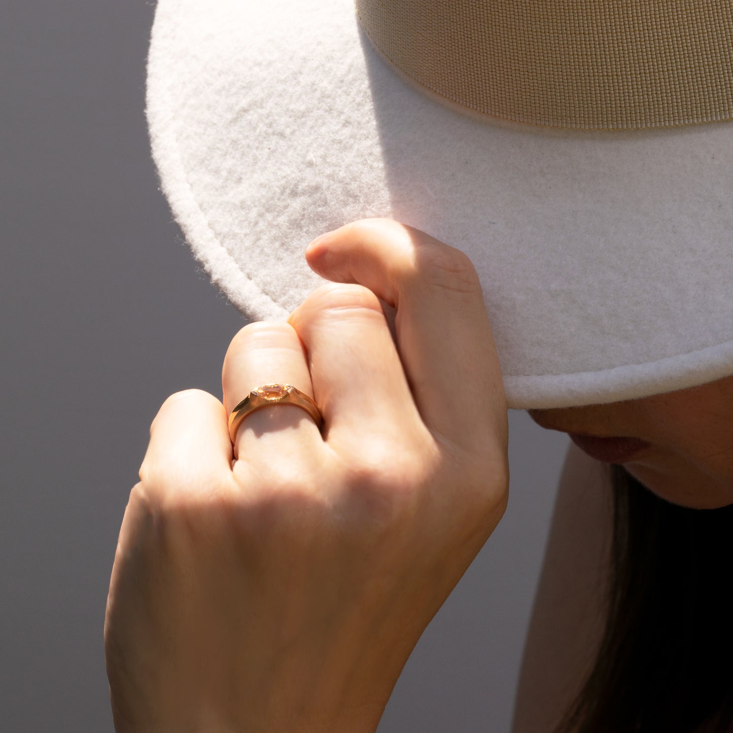 Orme-Brown Contemporary Fine Jewellery Engagement Ring Recycled Rose Gold Marquise Peach Sapphire Ethical Sustainable