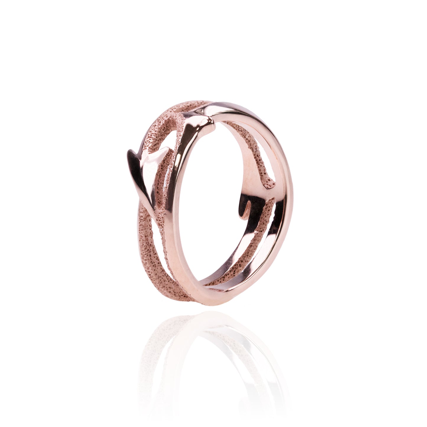 Orme-Brown Contemporary Fine Jewellery Ethical double band wedding band or everyday ring in recycled 9ct rose gold with mixed finishes