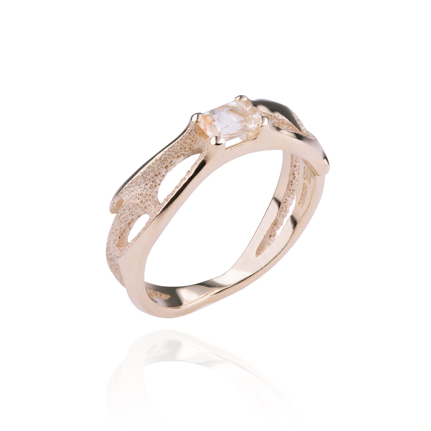 Orme-Brown Contemporary Fine Jewellery ethical engagement ring in sustainable recycled 9ct yellow gold with claw set baguette rectangular white orange sapphire