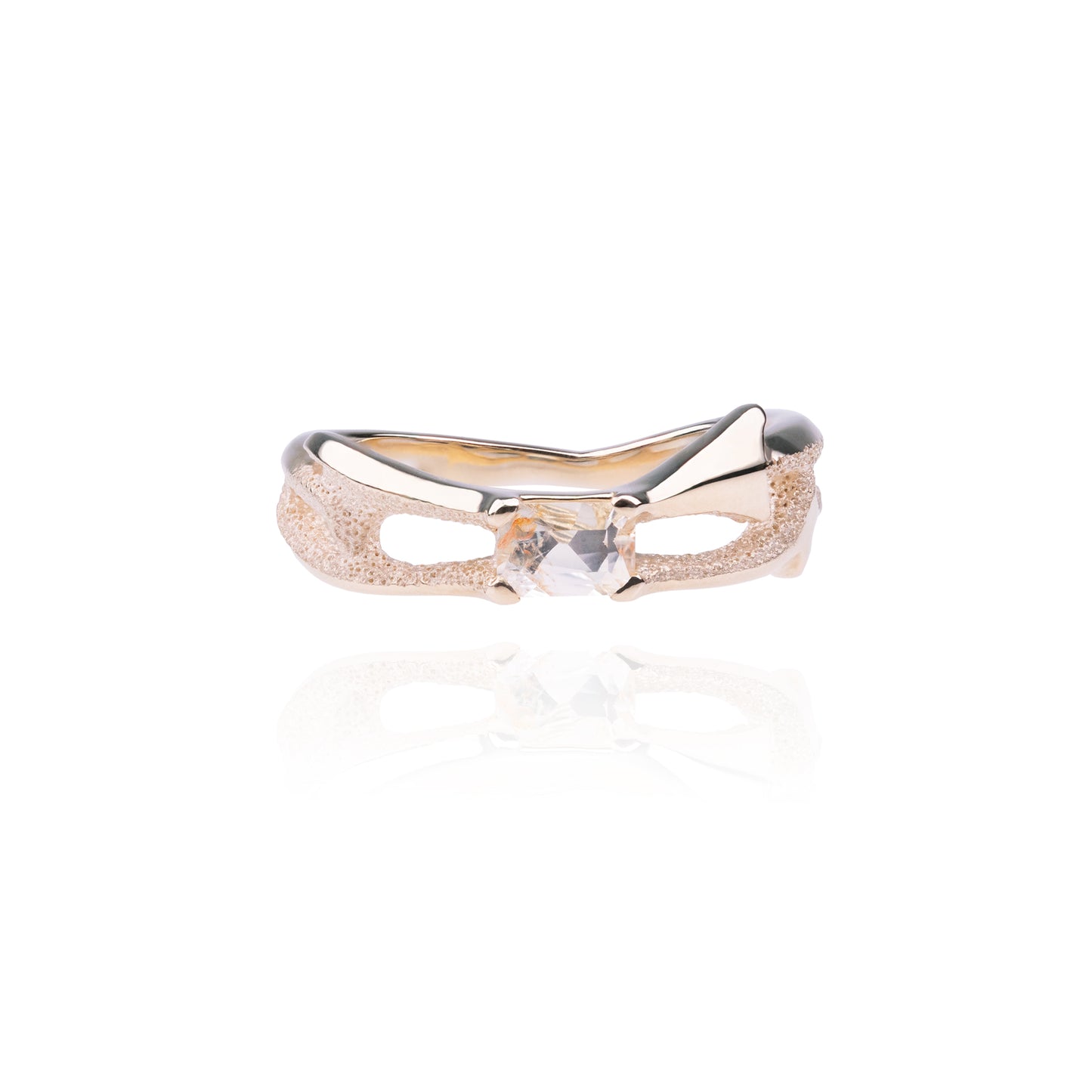 Orme-Brown Contemporary Fine Jewellery ethical engagement ring in sustainable recycled 9ct yellow gold with claw set baguette rectangular white orange sapphire