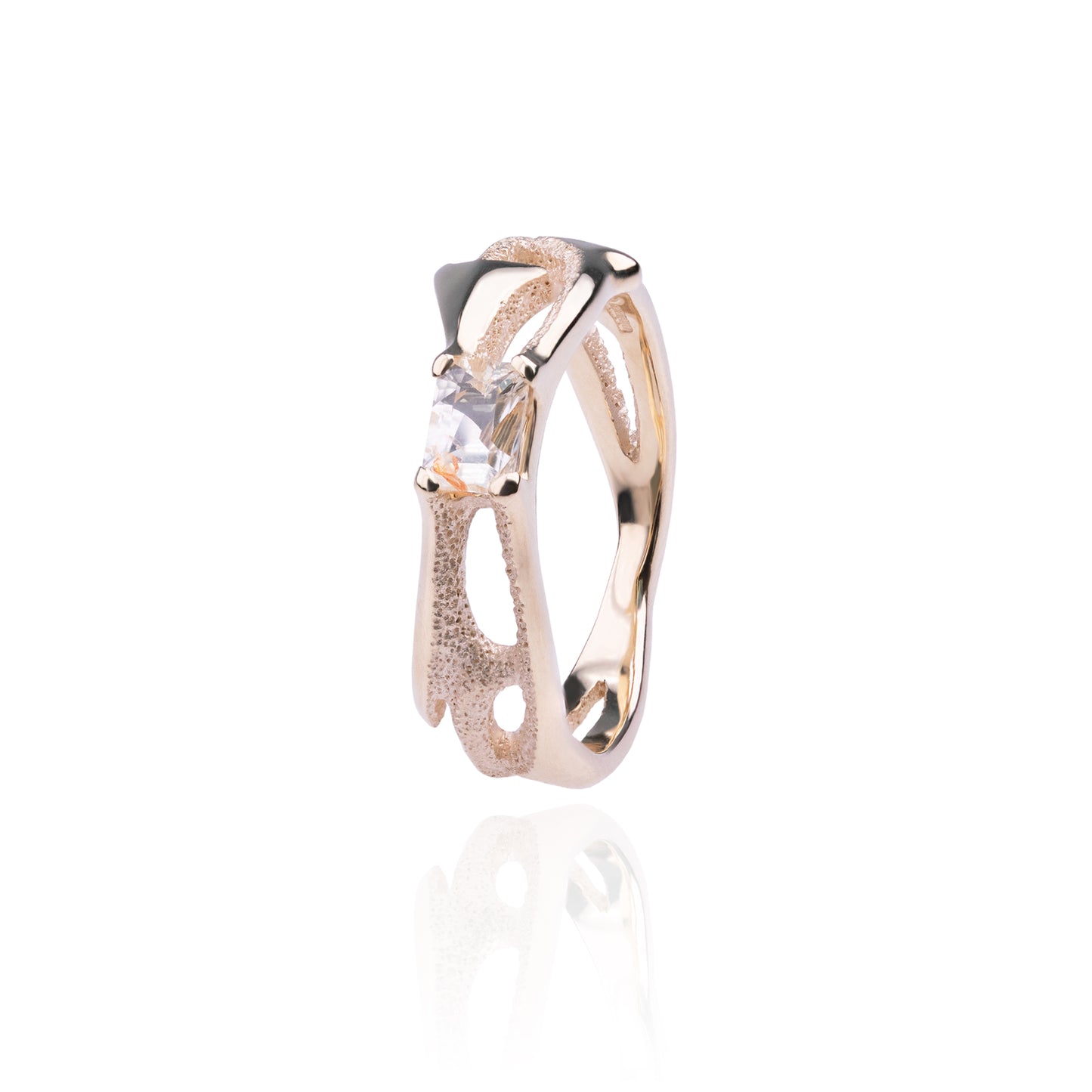 Orme-Brown Contemporary Fine Jewellery ethical engagement ring in sustainable recycled 9ct yellow gold with claw set baguette rectangular white orange sapphire