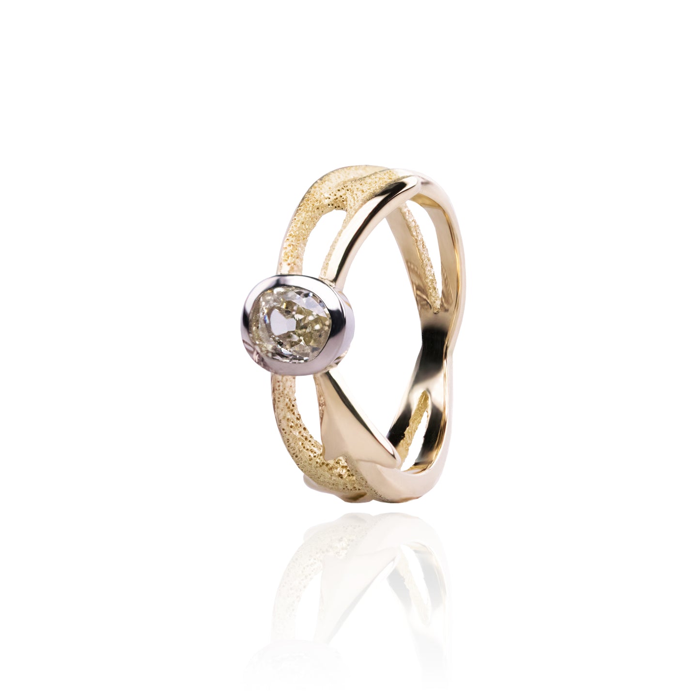 Orme-Brown Contemporary Fine Jewellery Ethical engagement ring in sustainable recycled 18ct yellow and white gold featuring a yellow old cut diamond