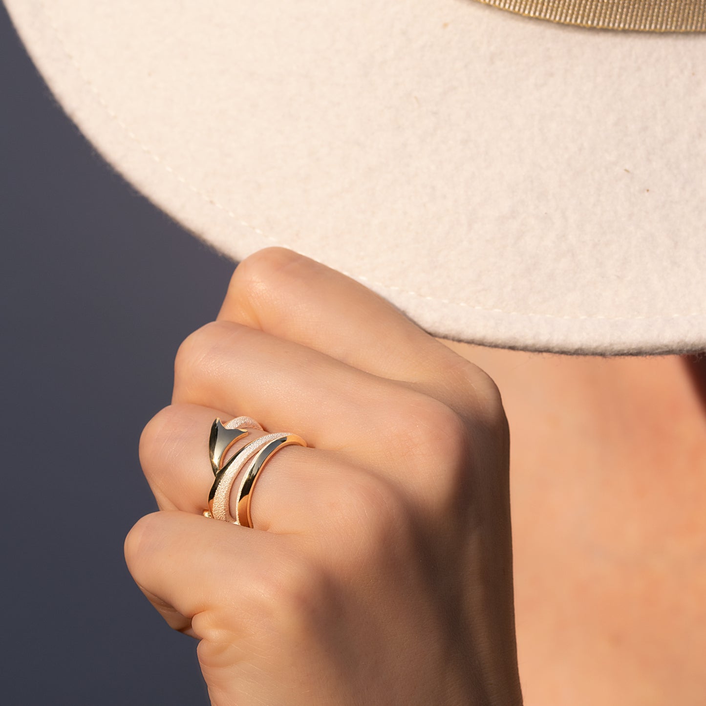 Orme-Brown Contemporary Fine Jewellery ethical statement wide arrow band ring in sustainable recycled silver with gold