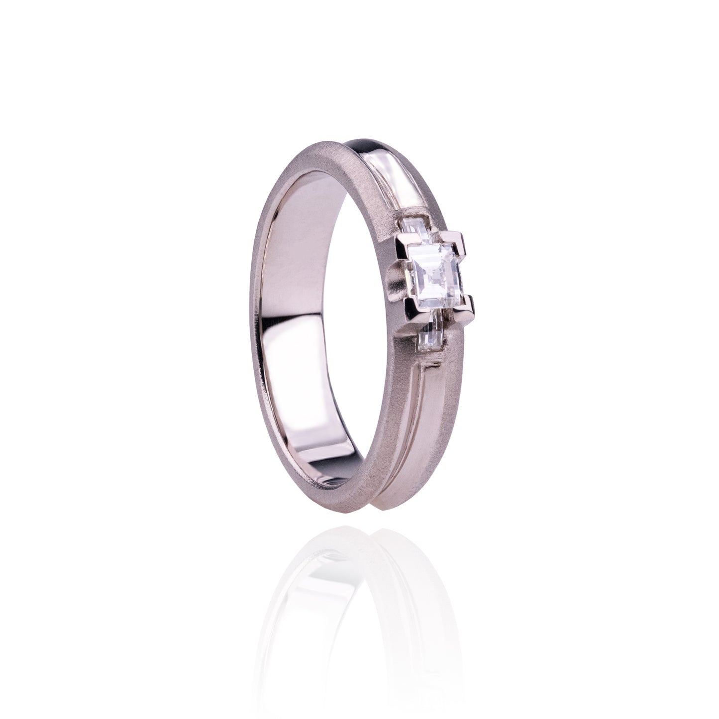 Orme-Brown Contemporary Fine Jewellery Ethical Engagement ring in sustainable recycled 18ct white gold with recycled step cut square and baguette diamonds