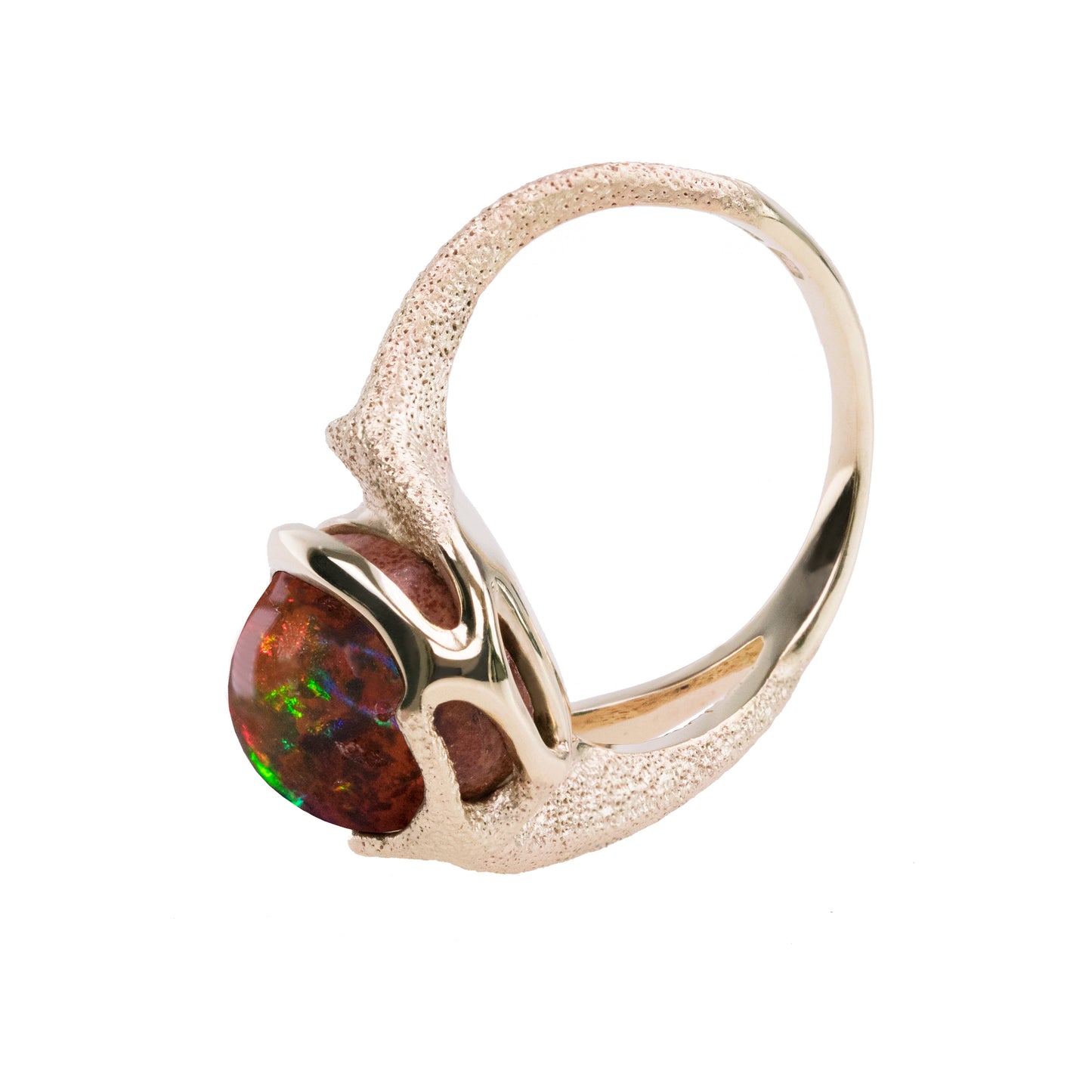 Orme-Brown Contemporary Fine Jewellery Ethical Statement ring in sustainable 9ct yellow gold and a Mexican fire opal Cabochon (TipToe)