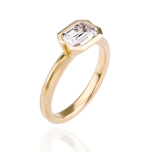 Orme-Brown Contemporary Jewellery Fairmined Eco 18ct Yellow Gold Engagement Ring Carbon-Neutral Lab-Grown Emerald Cut Diamond