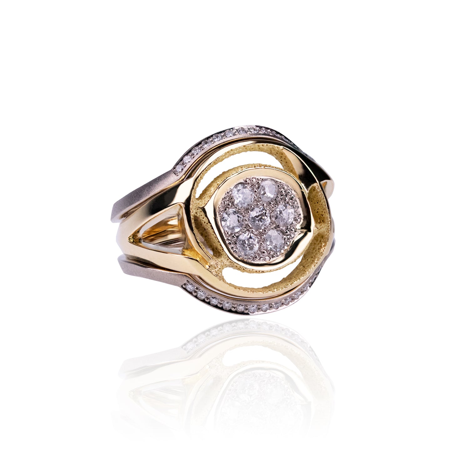 Orme-Brown Contemporary Fine Jewellery Ethical Cluster Engagement Wedding Eternity Ring Set in sustainable recycled 18ct yellow and white gold, old cut, Australian diamonds, knife edge