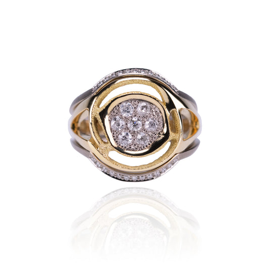 Orme-Brown Contemporary Fine Jewellery Ethical Cluster Engagement Wedding Eternity Ring Set in sustainable recycled 18ct yellow and white gold, old cut, Australian diamonds, knife edge
