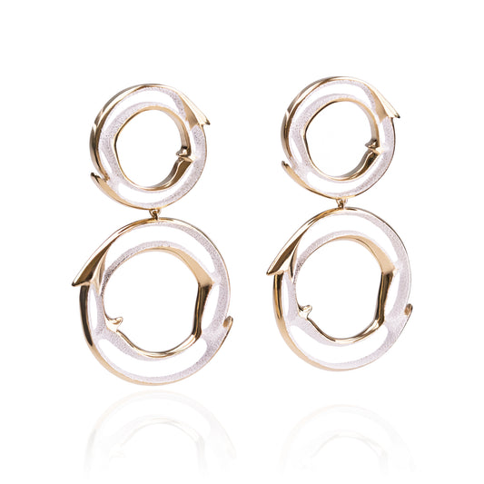 Orme-Brown Contemporary Fine Jewellery Statement Arrow Double Halo Earrings in sustainable recycled silver and gold 