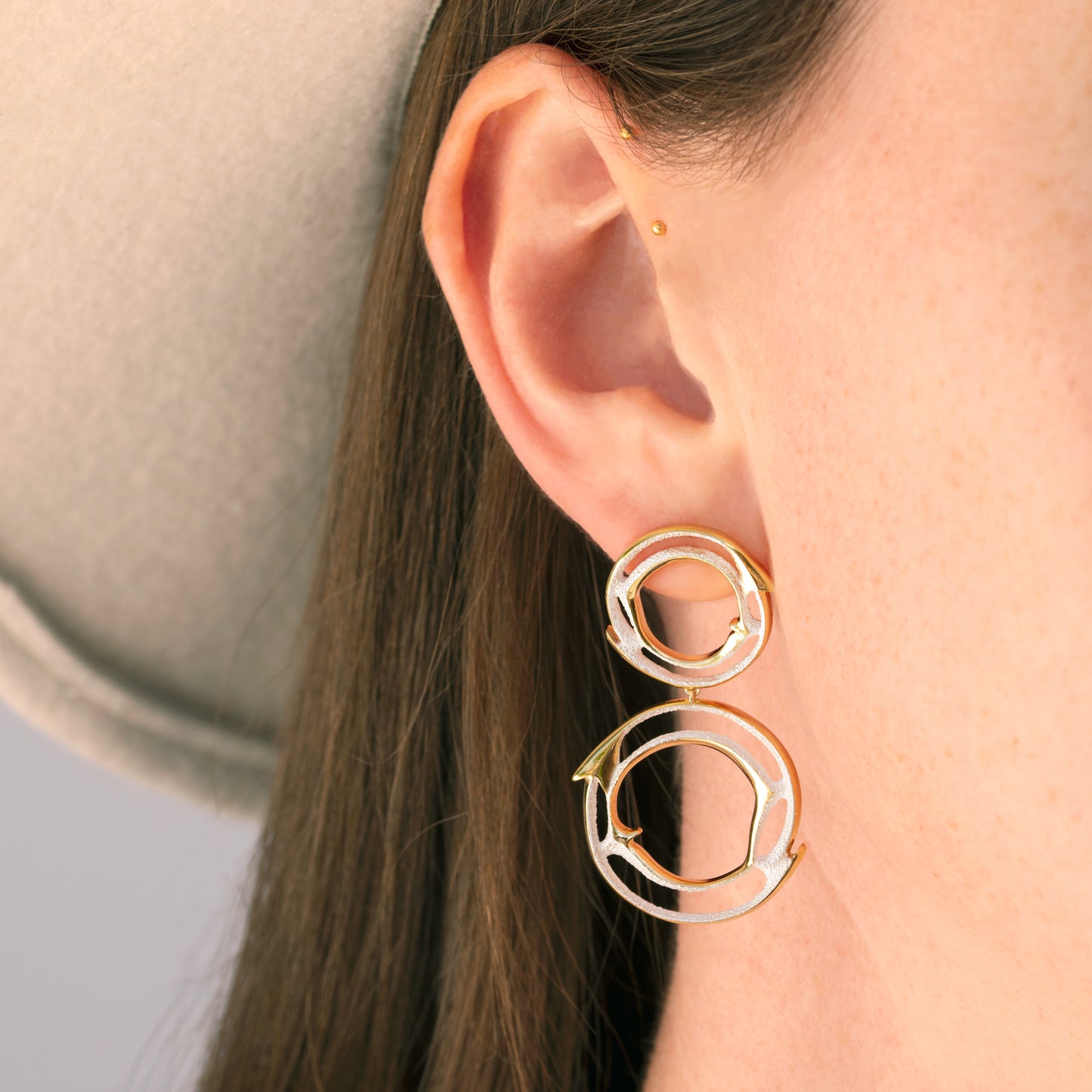 Orme-Brown Contemporary Fine Jewellery Statement Arrow Double Halo Earrings in sustainable recycled silver and gold 