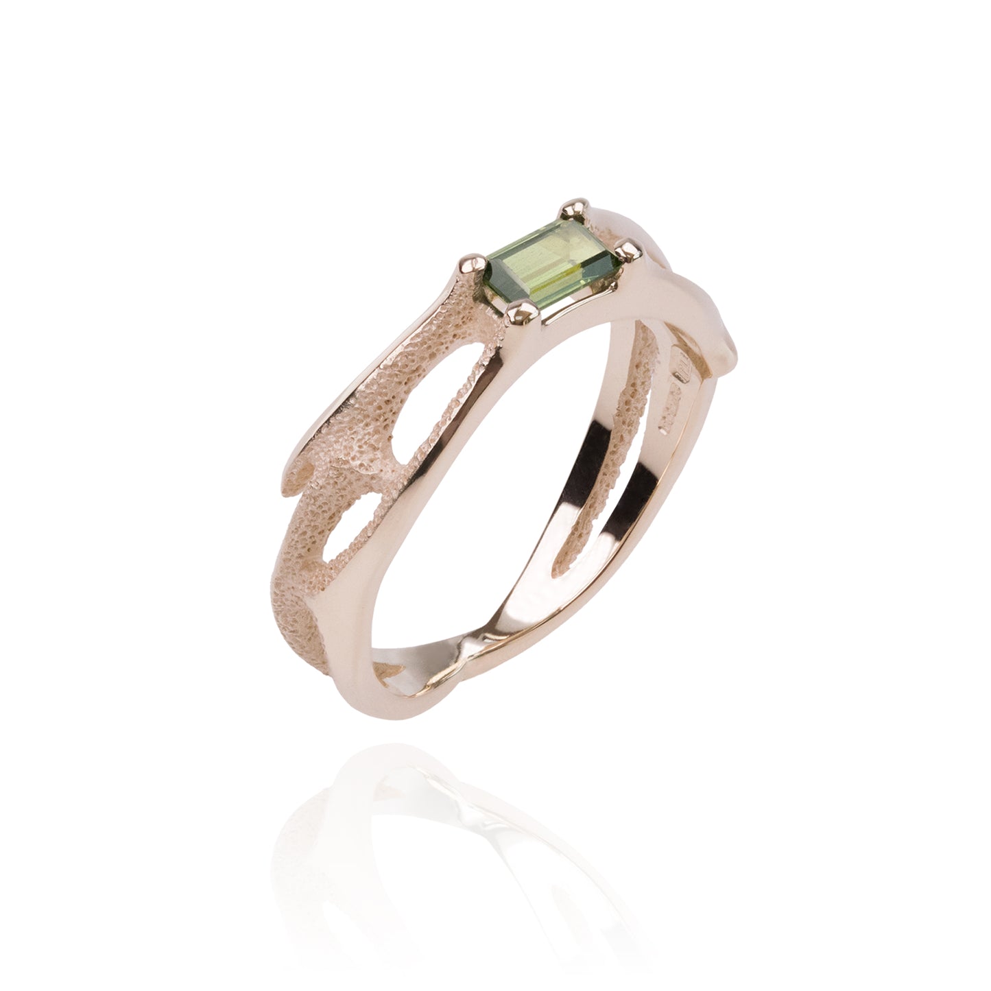 Orme-Brown Contemporary Fine Jewellery Engagement ring in sustainable recycled 9ct yellow gold with ethical baguette cut green sapphire