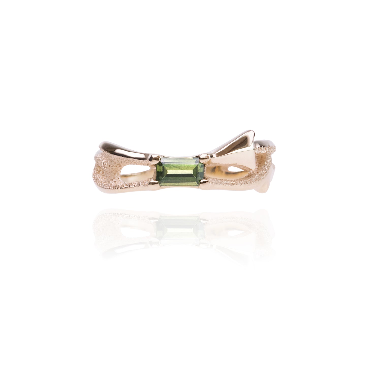 Orme-Brown Contemporary Fine Jewellery Engagement ring in sustainable recycled 9ct yellow gold with ethical baguette cut green sapphire