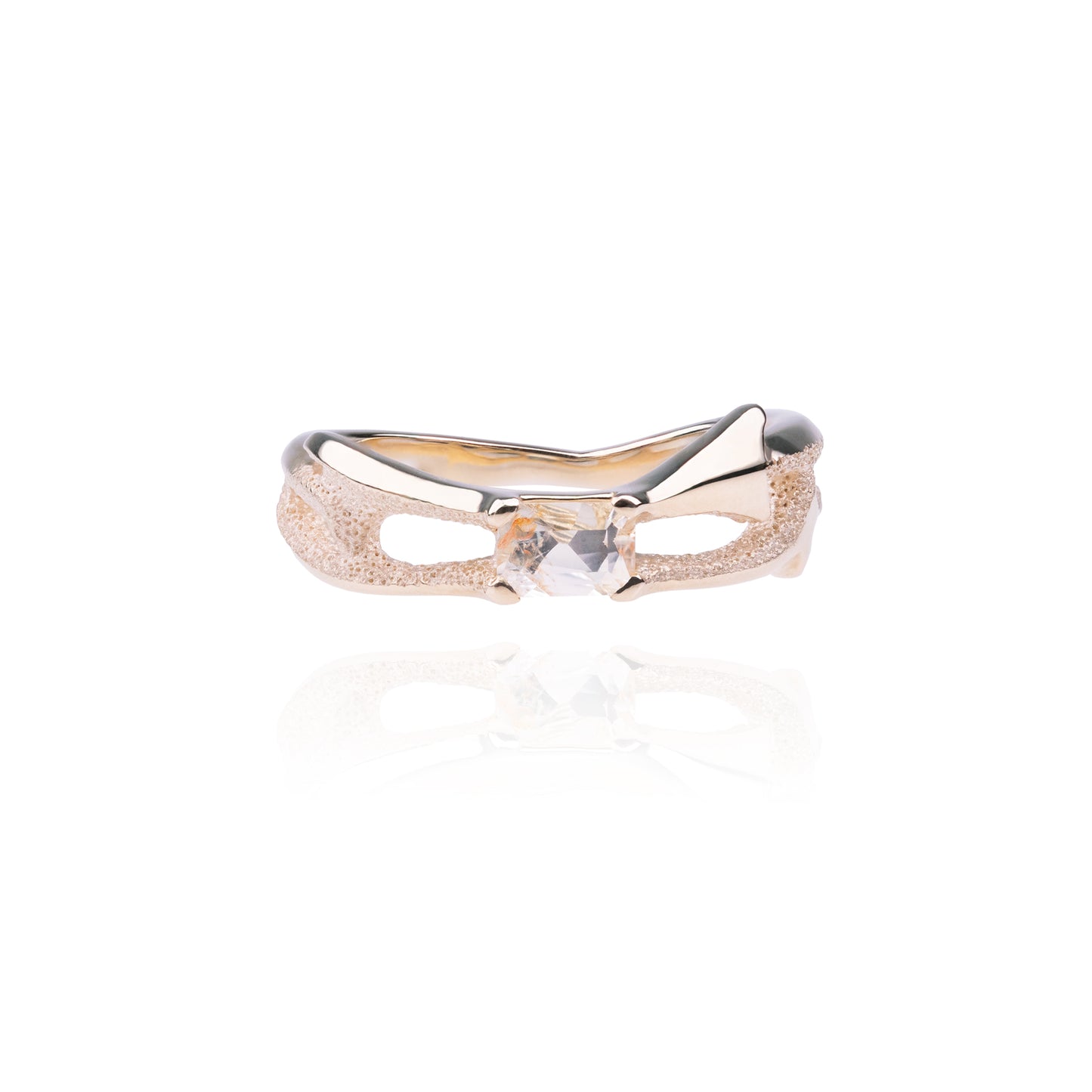Orme-Brown Contemporary Fine Jewellery ethical engagement ring in sustainable recycled 9ct yellow gold with claw set baguette rectangular white orange sapphire 