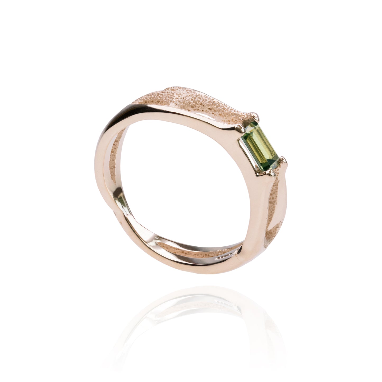 Orme-Brown Contemporary Fine Jewellery Engagement ring in sustainable recycled 9ct yellow gold with ethical baguette cut green sapphire