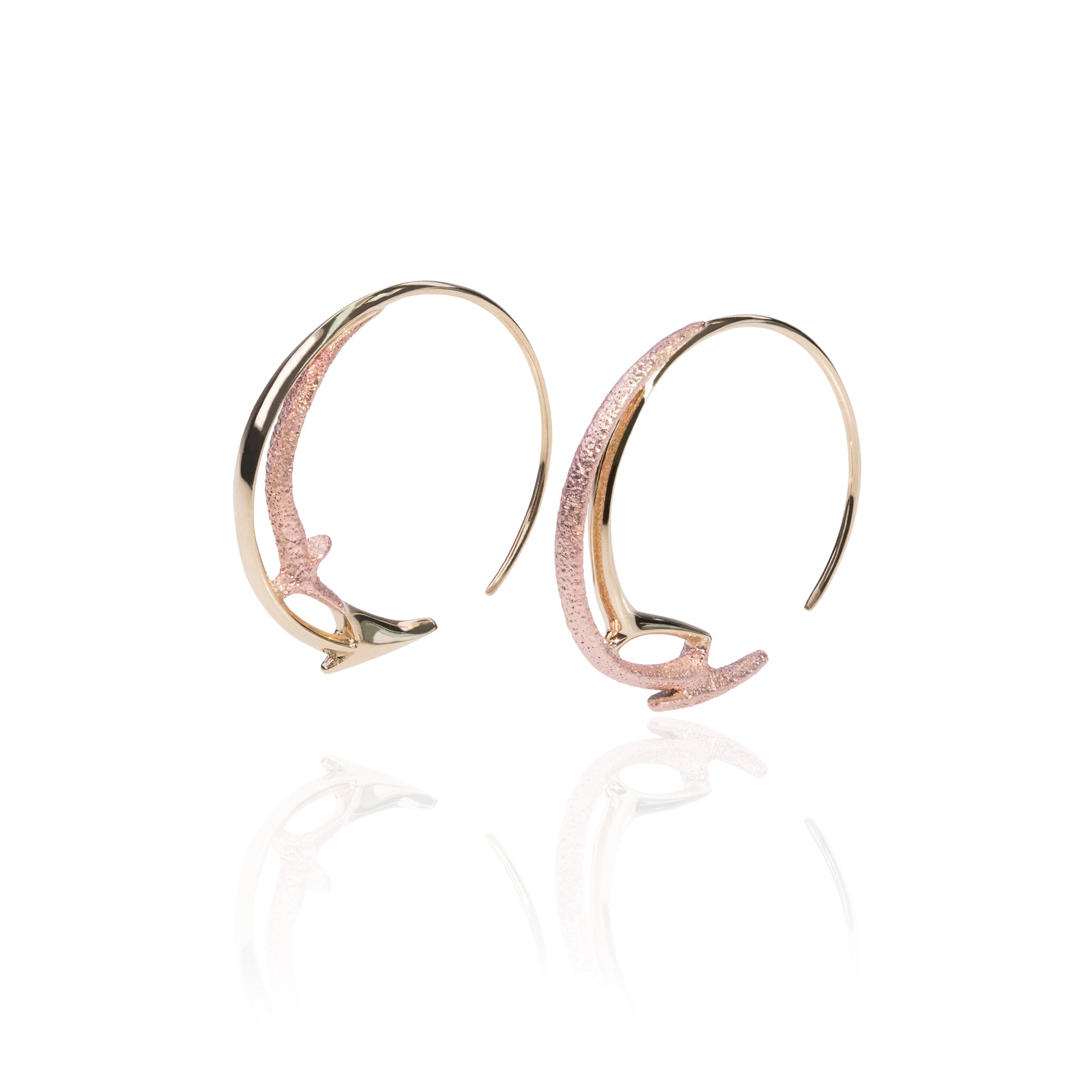 Orme-Brown Contemporary Fine Jewellery ethical asymmetrical spiral hoops in sustainable recycled 9ct yellow and rose gold 1