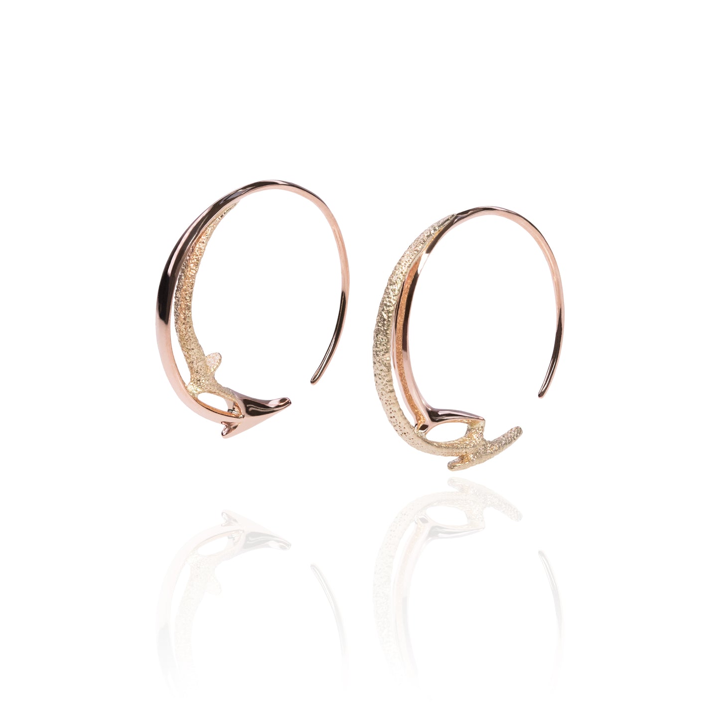 Orme-Brown Contemporary Fine Jewellery ethical asymmetrical spiral hoops in sustainable recycled 9ct yellow and rose gold 1