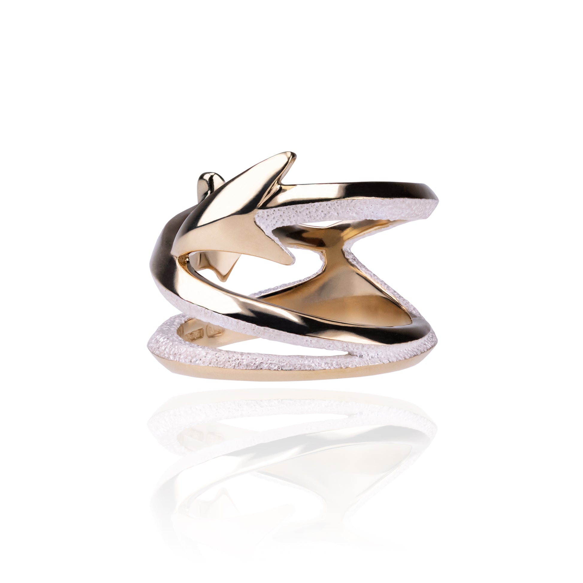 Orme-Brown Contemporary Fine Jewellery ethical statement wide arrow band ring in sustainable recycled silver with gold 