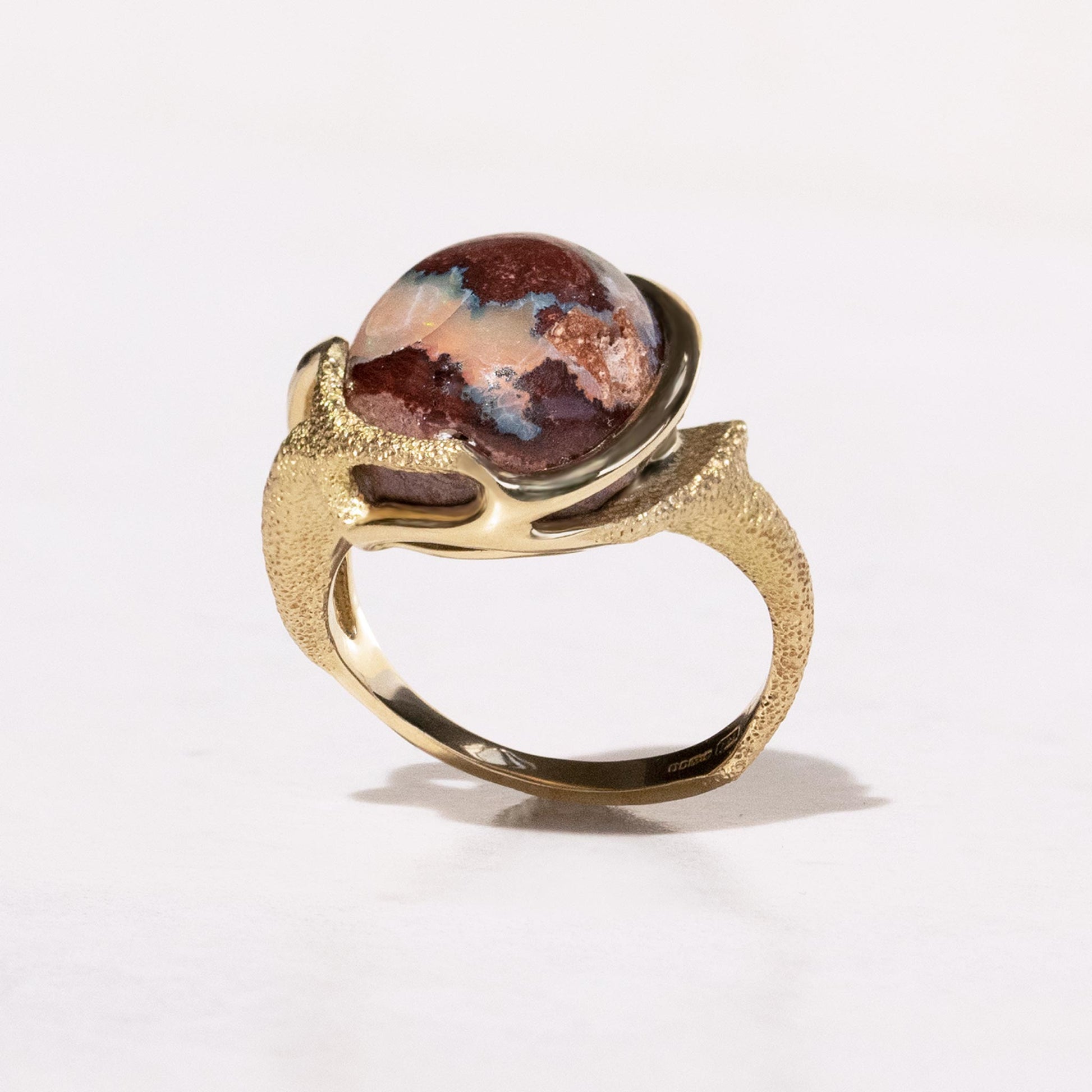Orme-Brown Contemporary Fine Jewellery Ethical Statement Arrow ring in sustainable recycled 18ct yellow gold and a round Mexican fire opal cabochon (TipToe)
