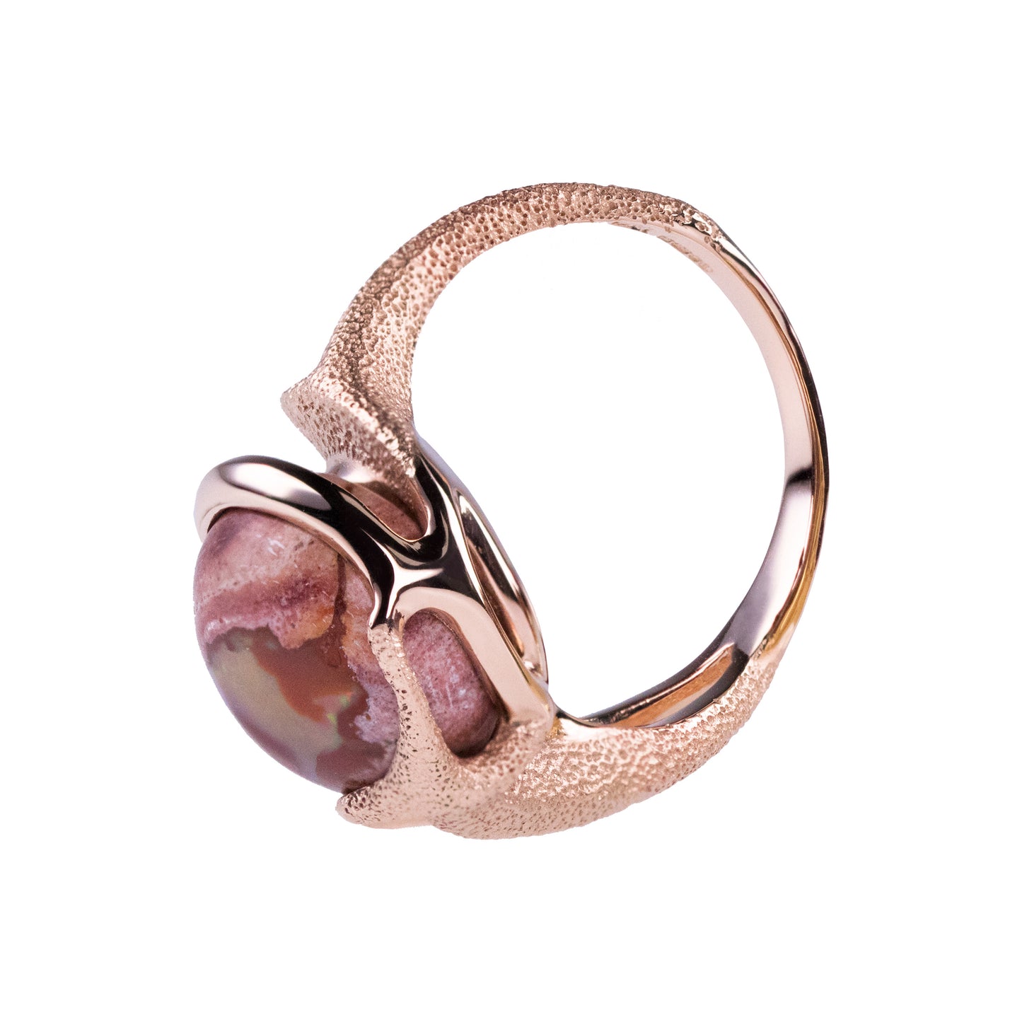 Orme-Brown Contemporary Fine Jewellery Ethical Arrow Statement Ring in sustainable recycled 18ct rose gold and a round Mexican fire opal (TipToe)