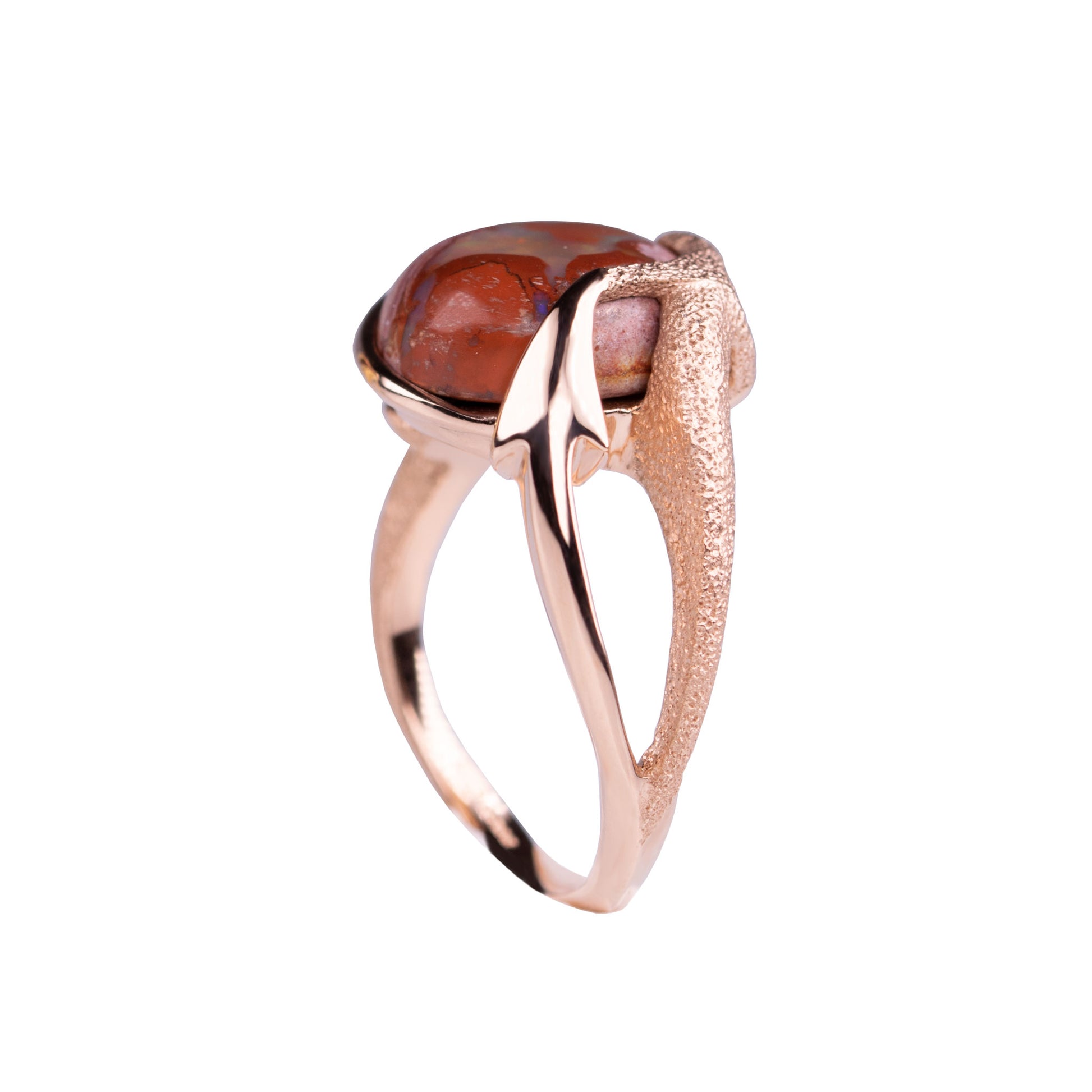 Orme-Brown Contemporary Fine Jewellery Ethical Arrow Statement Ring in sustainable recycled 18ct rose gold and a round Mexican fire opal (TipToe)