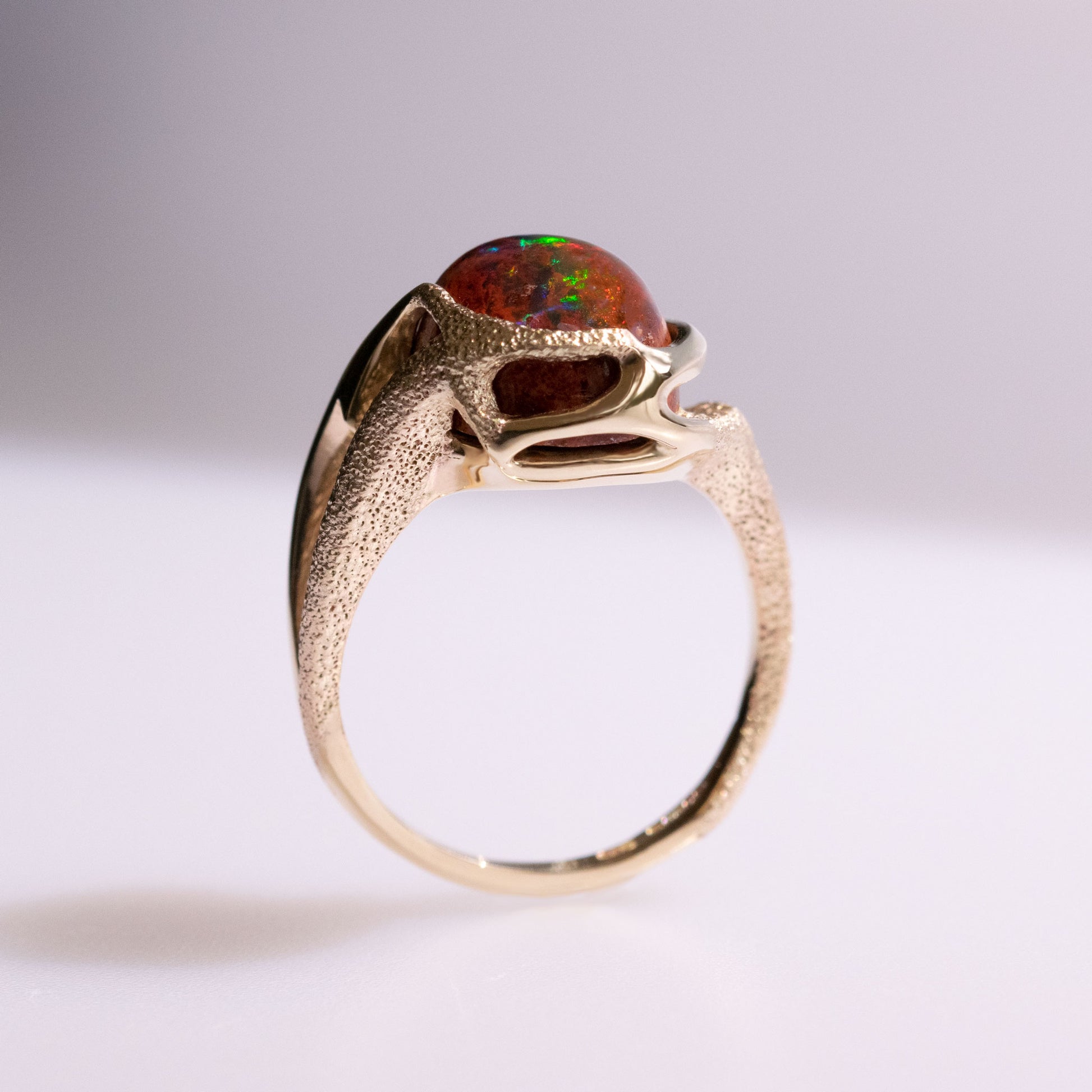 Orme-Brown Contemporary Fine Jewellery Ethical Statement ring in sustainable 9ct yellow gold and a Mexican fire opal Cabochon (TipToe)