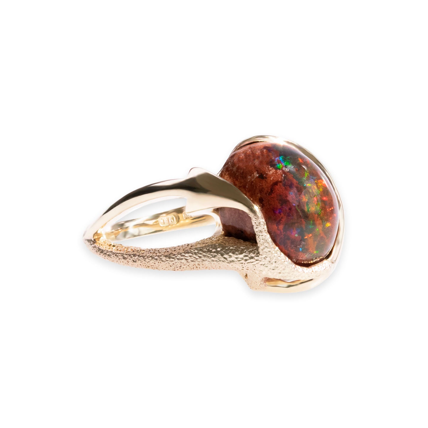 Orme-Brown Contemporary Fine Jewellery Ethical Statement ring in sustainable 9ct yellow gold and a Mexican fire opal Cabochon (TipToe)