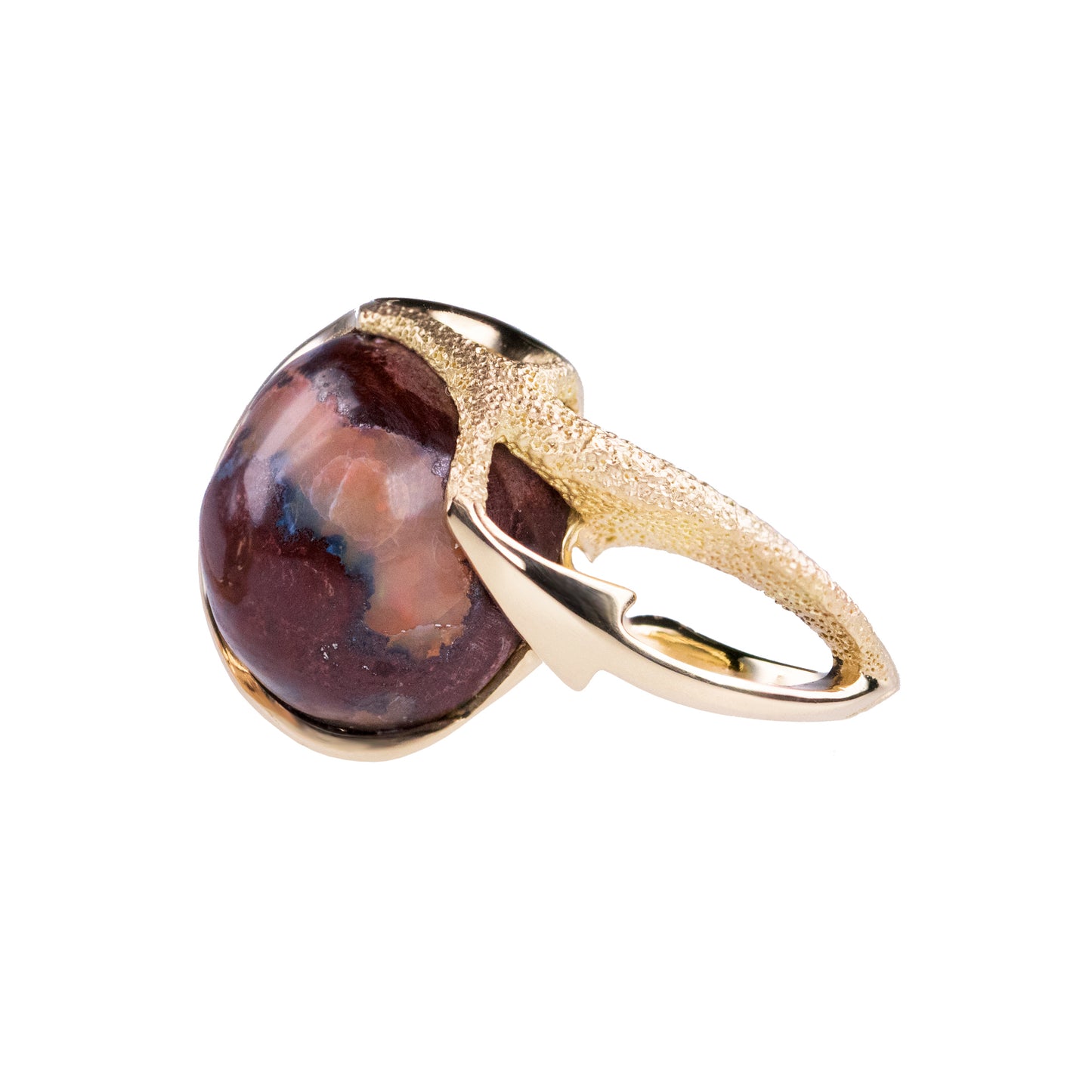 Orme-Brown Contemporary Fine Jewellery Ethical Statement Arrow ring in sustainable recycled 18ct yellow gold and a round Mexican fire opal cabochon (TipToe)