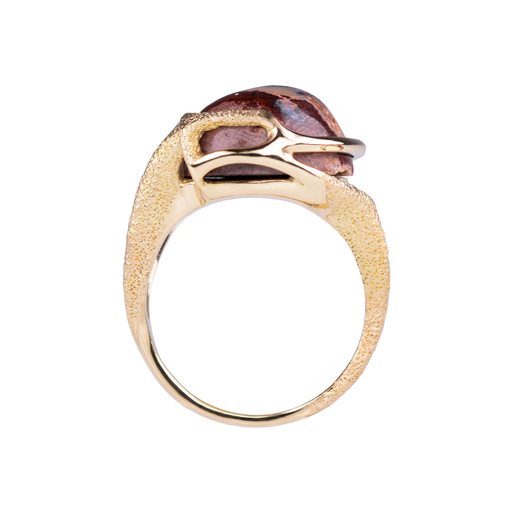 Orme-Brown Contemporary Fine Jewellery Ethical Statement Arrow ring in sustainable recycled 18ct yellow gold and a round Mexican fire opal cabochon (TipToe)